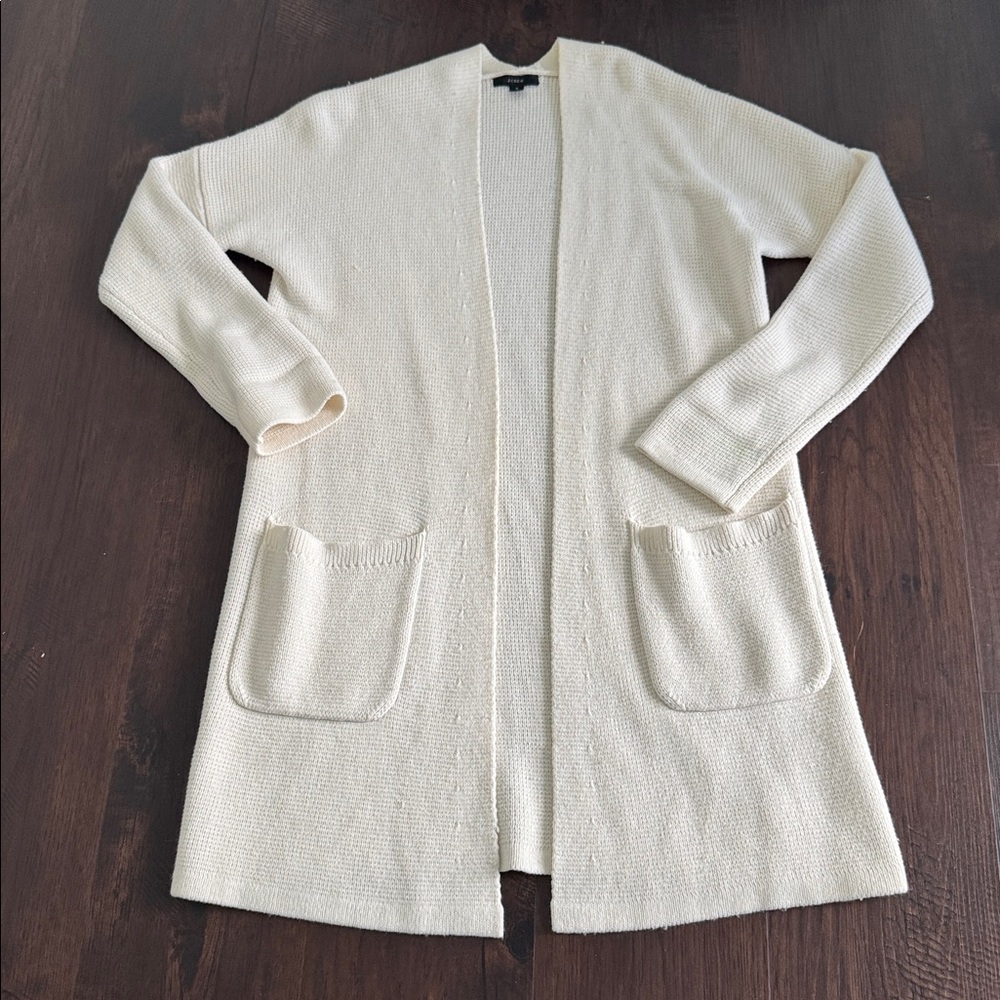 J.CREW LONGLINE CARDIGAN OFF WHITE POCKETS TIGHT KNIT SOFT BRUSHED SIZE SMALL